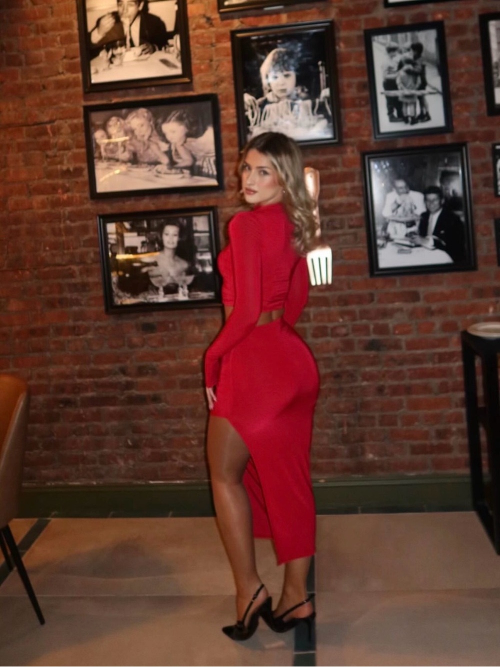 Women's Red Long-Sleeve Cutout Midi Dress